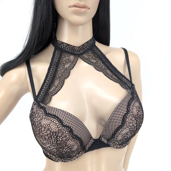 Victoria's Secret Very Sexy Push Up Choker 36 B Bra High Neck Black Nude - VGUC - Picture 15 of 16